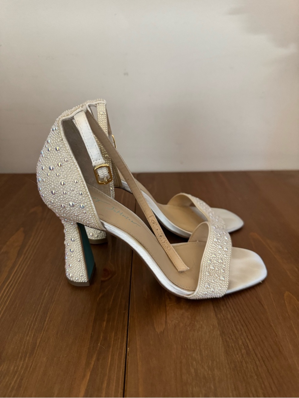 Betsey Johnson Embellished Ivory Open-Toe Block Heels